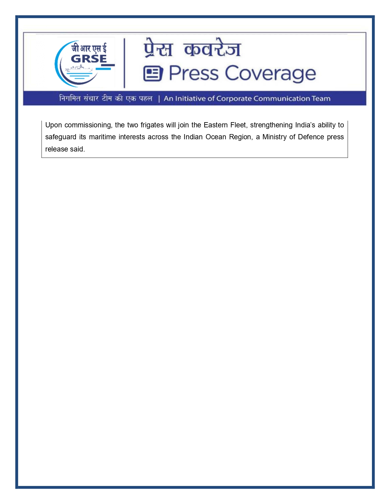 Press Coverage : 27 Aug 25:India will build its own warships,import no more:Rajnath